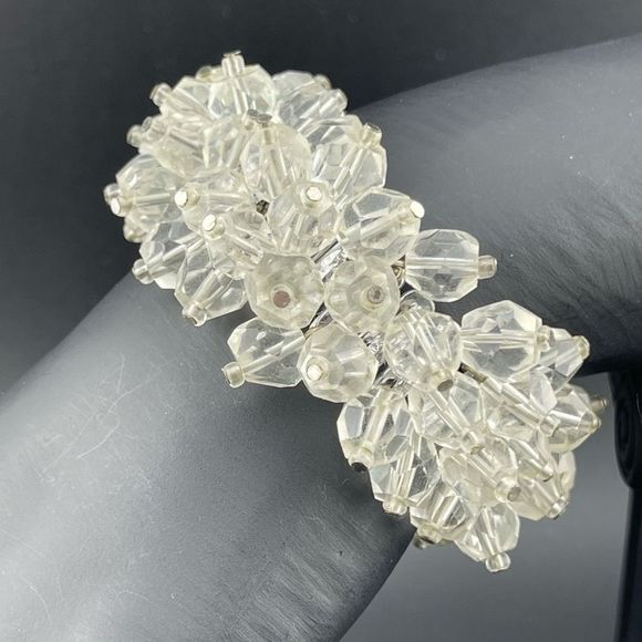 Mid Century Japan Expandable Bracelet Clear Crystal Beaded Cha Cha - Picture 3 of 7